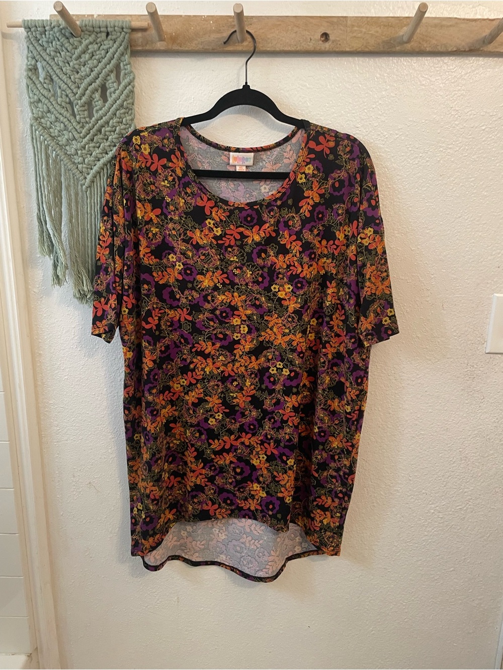 LuLaRoe Black Tunic with Purple & Orange Floral Print